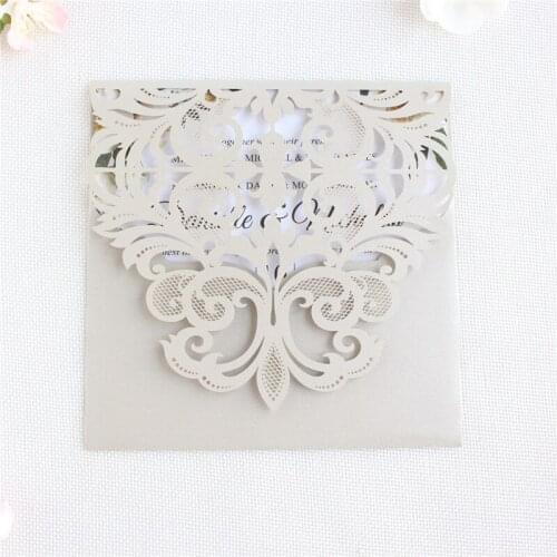 Wedding invitation laser cutting card pocket soft pink light grey offer customized printing supply 50pcs