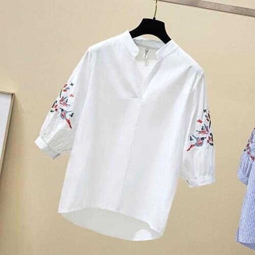 Plus size Ladies Tops Embroidery Puff sleeve Office Work White Shirt Women V neck Loose Elegant Blouse Femme Clothing 100 Cotton