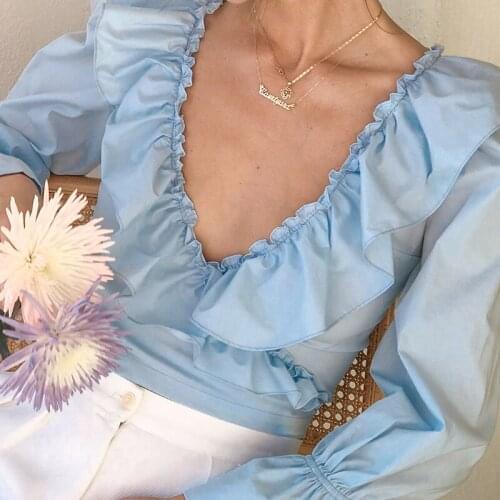 Vintage Ruffles Long Sleeve T-Shirt Women Deep V Neck Retro Cropped Top Summer Elegant Solid Fashion Blue Tee Shirts