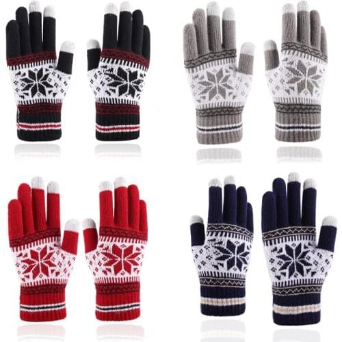 Women Men Winter Snowflake Knitted Gloves Thicken Thermal Plush Lined Christmas Outdoor Cycling Touchscreen Texting Mittens Han