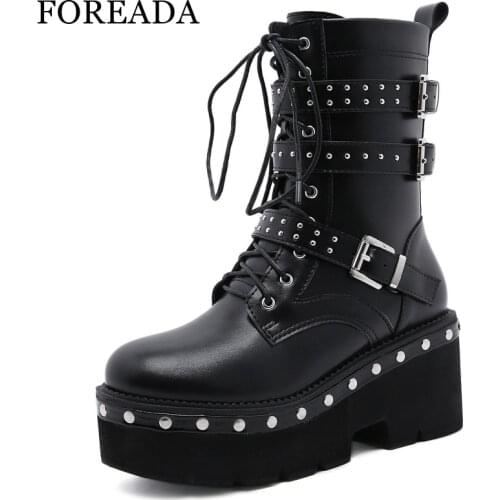 FOREADA Goth Style Woman Motorcycle Boots Platform Thick High Heel Shoes Rivet Round Toe Zipper Lady Ankle Boots Winter 43 Punk