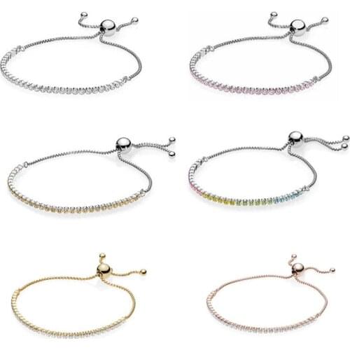Woman Clear Sparking Slider Bracelets for Women Paved Zircon Stones Adjustable Chain 925 Sterling Silver Bracelets Jewelry