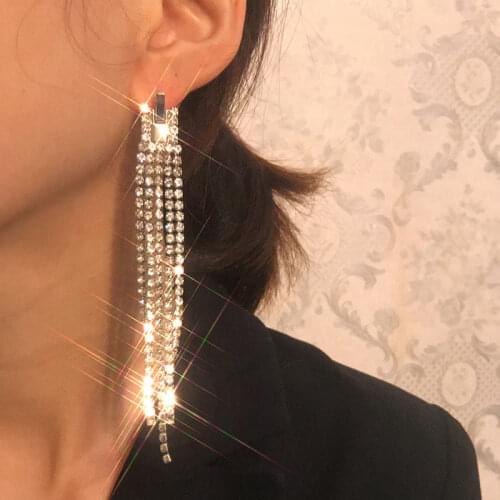 JUST FEEL New Design Crystal Tassel Long Drop Earrings For Women Luxury Shiny Silver Color Rhinestone Statement Earrings Jewelry
