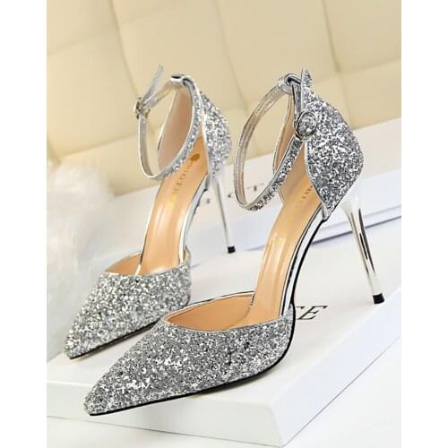 European and American style new womens shoes with straps pointed toe sparkle sexy nightclub high heel sandals