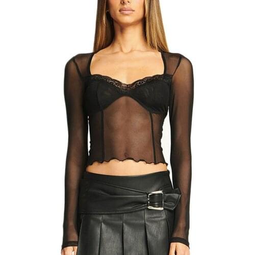 See-Through Mesh Womens Net Yarn Lace Stitching Crop Tops Girlstop Fashion Temperament Y2k Sexy Summer Long-Sleeved T-Shirts