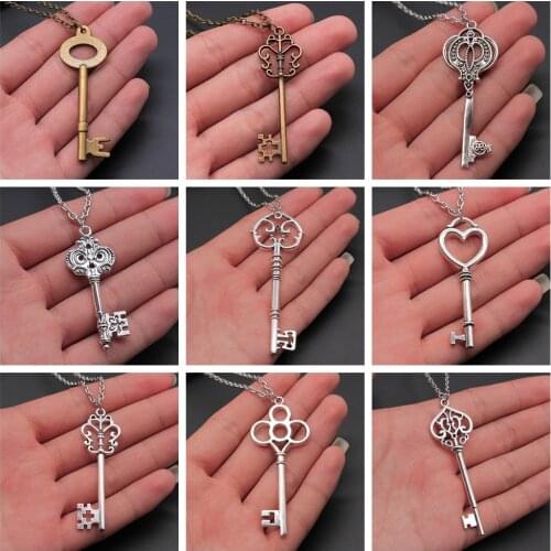2 Colors Antique Silver Color Antique Bronze Color Vintage Key Pendant Necklace For Women Long Chain Metal Chain Necklace