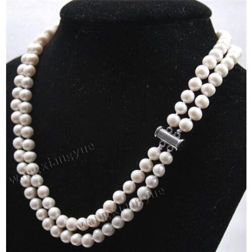 2row 7-8mm Natural Black & White Akoya Cultured Pearl Fashion Jewelry Necklace