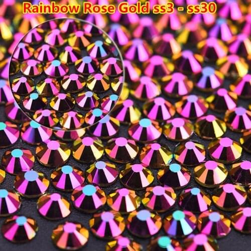 2028 Rainbow Rose Gold ss3- ss30 Glass Crystal Non Hotfix Rhinestone Non Hot Fix Crystal Glitter Rhinestone for Nail Art DIY