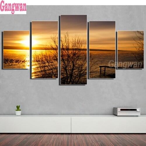 Seascape 5 Pcs Golden Sea Sunset View Diamond Embroidery 5D Cross Stitch Diamond Painting Rhinestone Full Square round stones