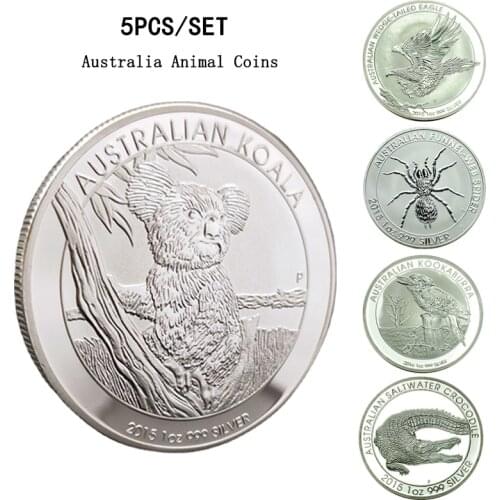5PCS/SET Australia 1 One Troy Oz Silver Plated Spider Crocodile Koala Wedge Eagle Kookaburra Animal Replica Coin Collection