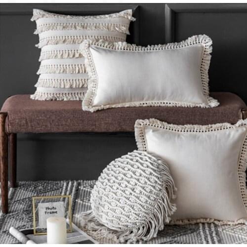 Off White Boho Beige Linen Cotton Tassels Pillow Cover Round Lumbar Cushion Cover Home Decor Throw PillowCase 45x45cm/50x70cm