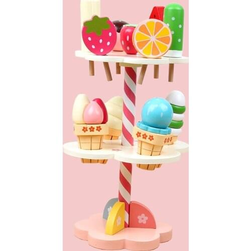 Childrens Kitchen Wooden Simulation Mini Strawberry 3-layer Ice Cream Table Candy House Play Educational Toys Gifts for Girls