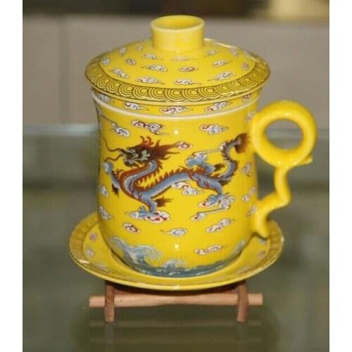 Chinese style porcelain tea set coffee puer oolong tea cup saucers and mugs Chinese yellow cloud dragon Royal imperial 350ML