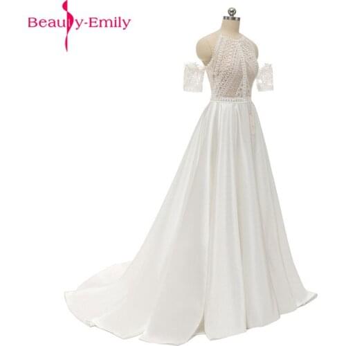 Beauty Emily Sexy V Neck Sleeveles Lace Wedding Dresses 2021 Simple White Appliques Sequined Cheap Wedding Gown Real Photo