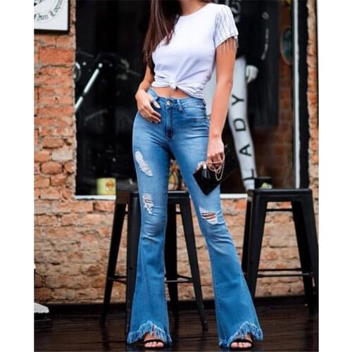 Fashion Womens Jeans Hole Thin Slim Flared Trousers Casual Denim Pants Blue Trousers 2020 Spring Sumer New Cowboy Pants