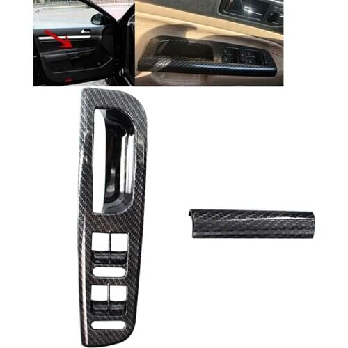 Carbon Fiber Left Front Door Window Glass Switch Panel Bezel+Handle Trim for Passat Golf MK4 Jetta Bora 1998-2005