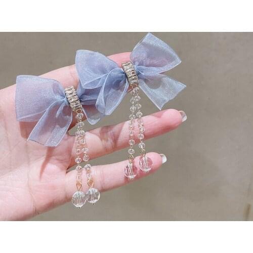 Luxury Crystal Long Beaded Tassel Chiffon Bowknot Earrings for Women Fashion Korean Style Trendy Kpop Jewelry Pendientes MS261