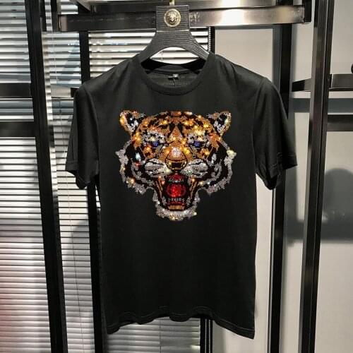 Harajuku Street Mens T-Shirt Perfect Hot Rhinestone Top Design Tiger Head Hip Hop Oversized Short Sleeve