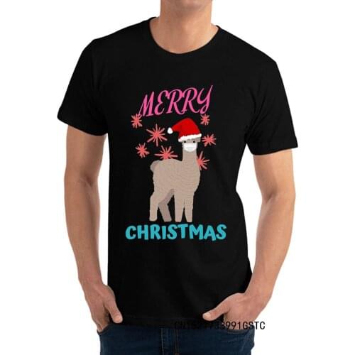 Merry Christmas Funny Cute Llama Wearing Mask T Shirts Group Premium Cotton Round Collar Mens Tees Camisas Prevalent Top T-shirt