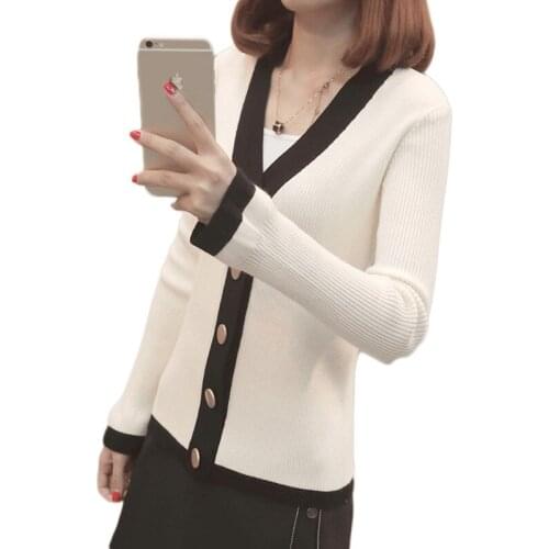Spring and Autumn Womens New Korean Stretch Knit Cardigan Wild V-neck Flare Sleeve Slim Contrast Sweater Jacket
