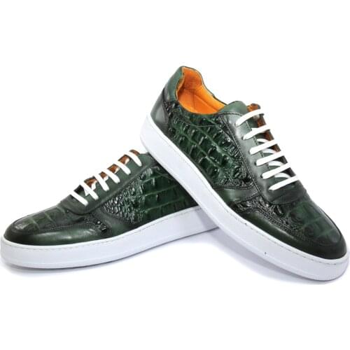 Handmade Green Sport Sneakers Ralistic Croco Imitation Leather, Natural Calf Skin, Alligator Crocodile Mens Lightweight Shoes