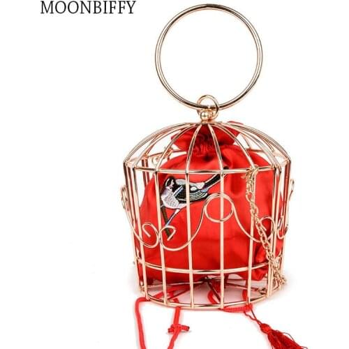 Womens Birdcage Evening Bag Clutch Metal Frame Embroidery Bucket Bird Cage Mini Bag Purse Women Gold Tassel Handbag