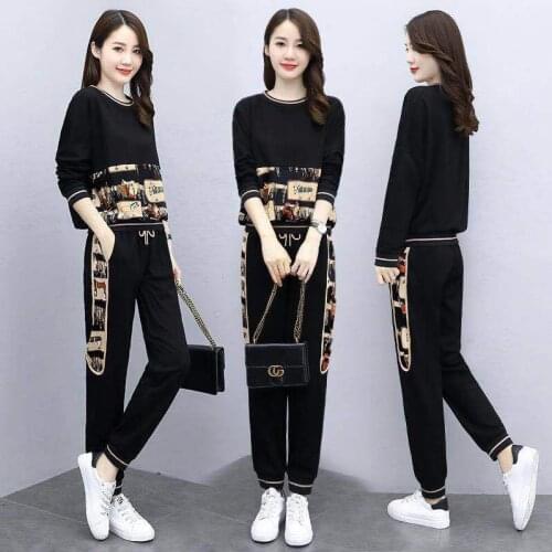 Women Casual Print Two Piece Sets Autumn Winter Long Sleeve Fashion Crewneck Pullovers Tops Ladies Sweatshirt Suits 2020
