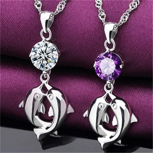 Romantic Dolphin Pendant Necklace Girl Crystal Purple Accessories Vintage Lady Silver Plated Chain Necklace Jewelry Female Bijou