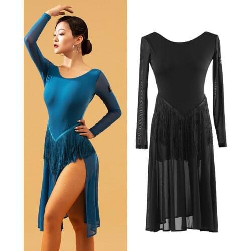 New Latin Dance Dress Ladies Sexy Split Long Sleeves Tassel Performance Wear Women Ballroom Salsa Tango Practice Dress DL4570