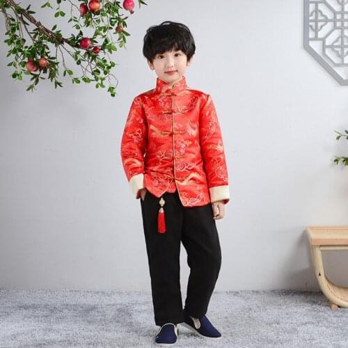 Winter Red Satin Cheongsam Top Elegant Kids Boy Qipao Costume National Chinese Dress Men Autumn Models Children Oriental Coat