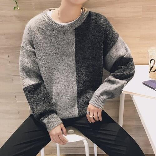 Winter Sweater Mens Warm Contrast Color Stitching Casual Knit Pullover Man Wild Loose Long-sleeved Sweater Male Clothes