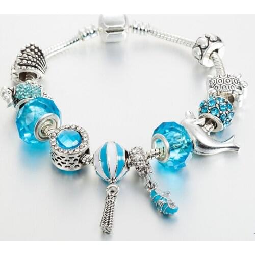ANNAPAER Silver Color Dolphin Beads Bracelets & Bangles Blue Crystal Charms Bracelet for Women Jewelry Pulseras B16189