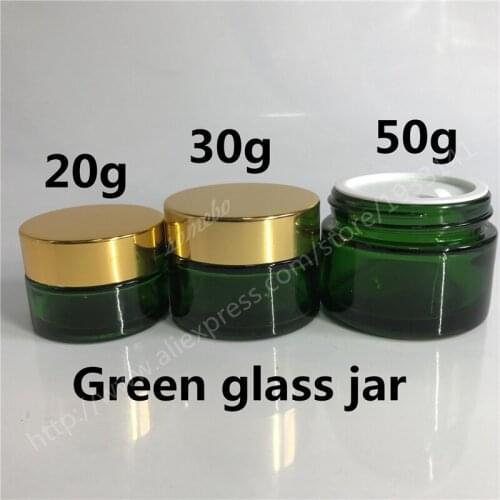 Free Shipping 500pcs 20G 30G 50G Green Glass Jar Glass Cream Bottle Cosmetic Packaging Glass Cream Jar with Gold Lid