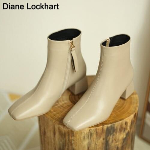 Luxury Brand Women Beige 5cm Block High Heels Ankle Boots 2021 Winter Female Square Toe Chelsea Boots High Quality Short Boots