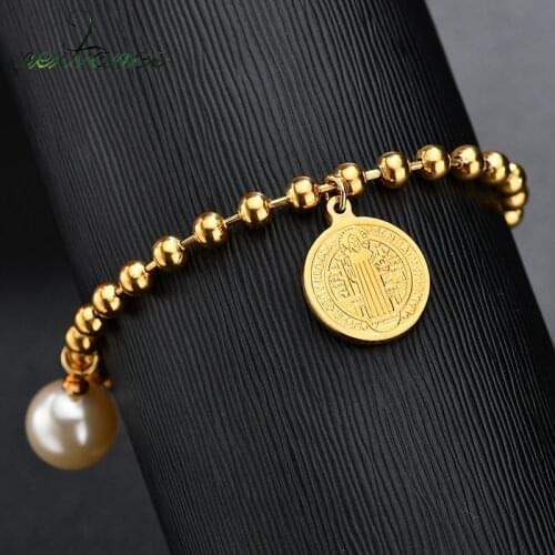 Nextvance Jesus Saint Simulated Pearl Bracelets Religious Gold Beads Chain Pendant Bracelet for Women Men Christian Jewelry
