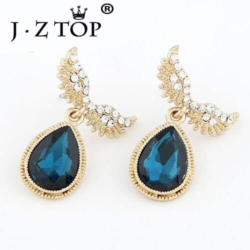 JZTOP Women New Hot Elegant Blue Crystal Earrings Luxury Shiny Rhinestone Wings Earrings Fashion Glam Femme Jewelry