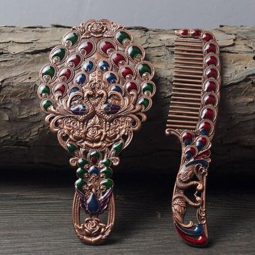 Creative Peacock Metal Handle Mirror European Classic Rose Hand-held Folding Makeup Mirror Birthday Wedding Valentines Day Gift
