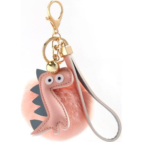 Furling Fashion Faux Fur Pom pom Ball Dinosaur Keychain Holder Key Ring Hand Bag Cute Charm DIY Accessory Gift