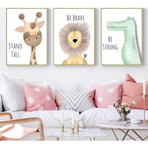 Cute cartoon animals decorative picture be brave be strong kids room kindergarten frameless canvas painting wall art kids