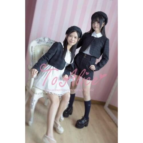 British Preppy Style Cute Girls Plaid Checks Wool Blend Winter Set Short Coat & Shorts 2PCS Set Sakura Button