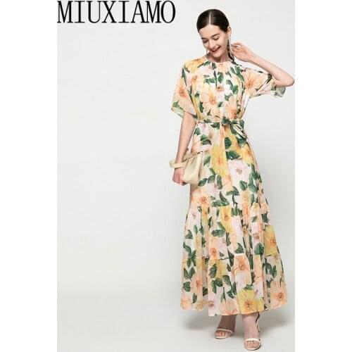 MIUXIMAO 2021 Long Dress Bohemian Spring Women Losse Short Sleeve Fashion Vacation Beach Elegant Floral Chiffon Dresses Vestidos