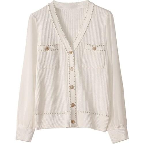 Fashion Elegant V Neck Knitted Cardigan Women Sweaters Spring Autumn Vintage Hollow Out Korean White Ladies Colorful Luxury Tops
