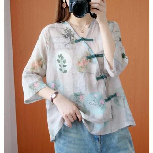 New 2021 Traditional Chinese Top Chinese Flower Print Hanfu Clothes Oriental Clothing Traditional Chinese Linen Blouse for Women