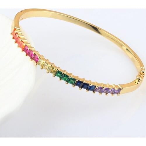 New Shiny Cz Fine Fashion Bracelet Rainbow Colorful Square Crystal Tennis Chain Gorgeous Trendy Baguette Cubic Zirconia Bangles