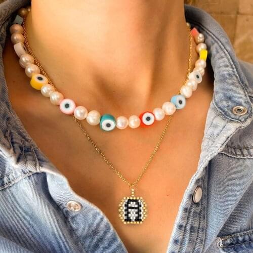 Go2Boho 2pcs/lot Turkish Evil Eye Choker Beach Pearl Necklaces Stainless Steel Chain Initials Pendant Necklace For Women Jewelry