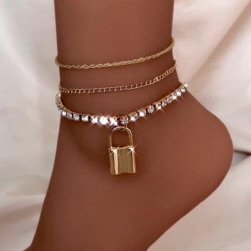 Punk Multilayer Golden Big Lock Tennis Chain Anklet Set For Women Simple Rhinestone Ankle Chain Metal Twist Rope Foot Chains New