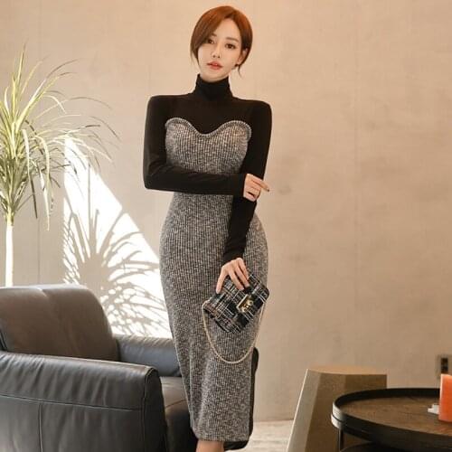 Patchwork Turtleneck Long Sleeve Elasticity Autumn Winter Dresses Womens Dress Office Elegant Bandage Bodycon Sexy Party Dress