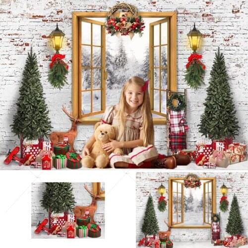 Merry Christmas Backdrop Winter Snow Forest Window White Brick Wall Gift Christmas Tree Kids Birthday Family Portrait Background