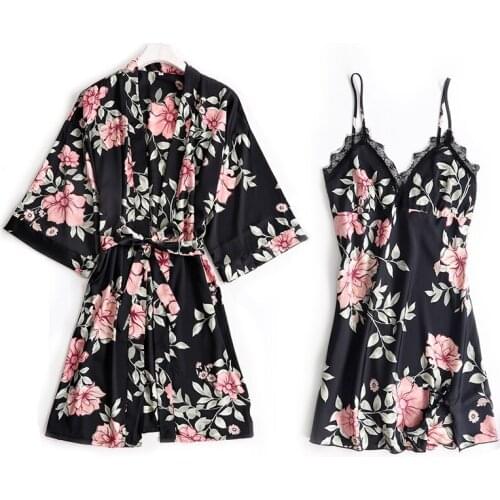 Silky Nightdress Set Black Women 2PC Nightshirts V-Neck Pajamas Print Sleepwear Homewear Wear Home Suit Negligee Robe Gown