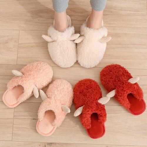 Women Slippers Cartoon Animal Deer Angle Soft Plush Home Cotton Fur Slides Winter Warm Shoes Woman Men House Floor Slippe